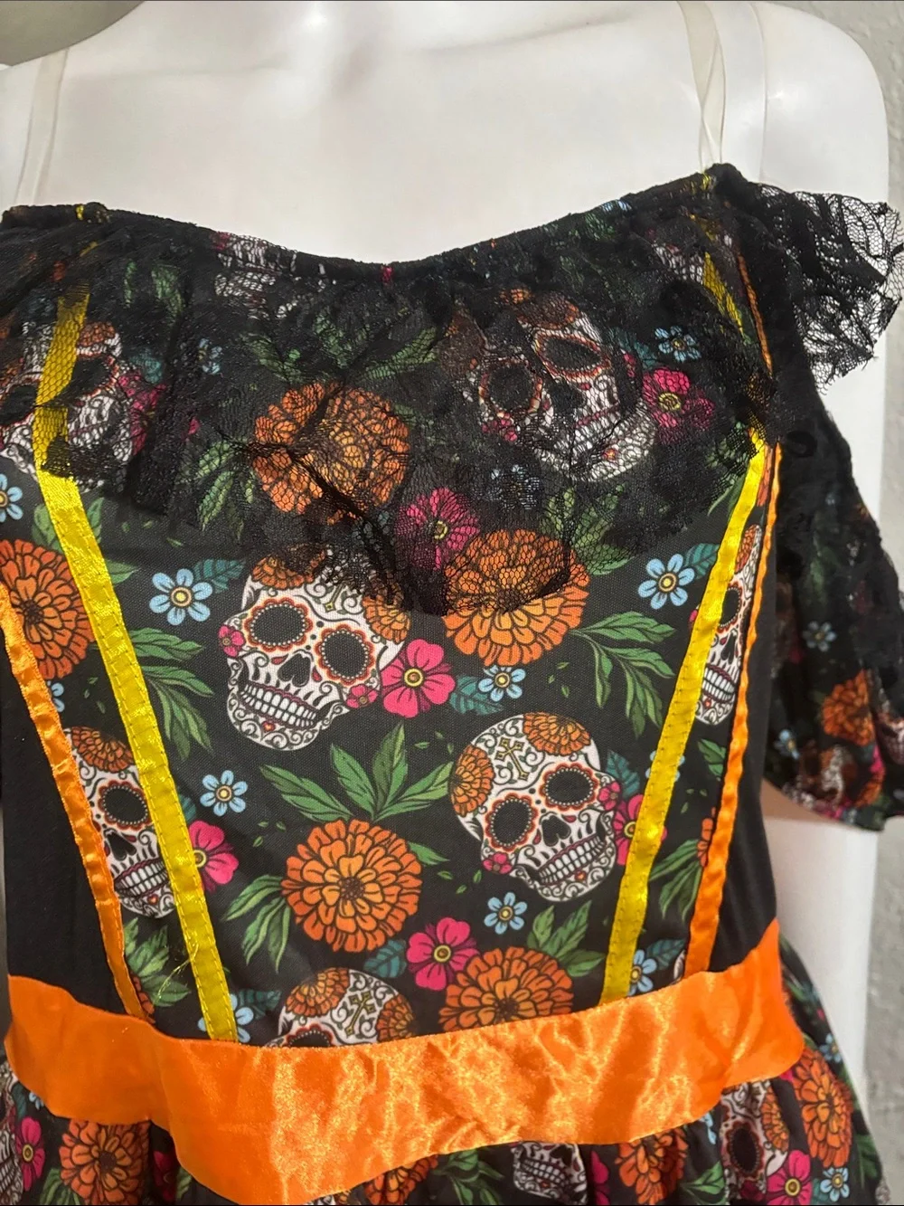 Leg Avenue Black Sugar Skull Floral Halloween Dress with Orange Accents